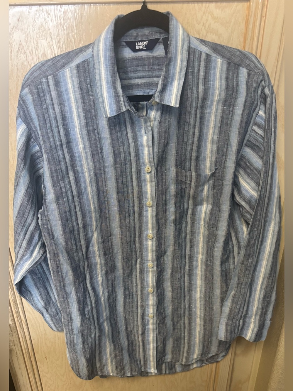 Lands' End 100% Linen Button Down Tunic / Dress Women Size S 6-8 Striped Coastal